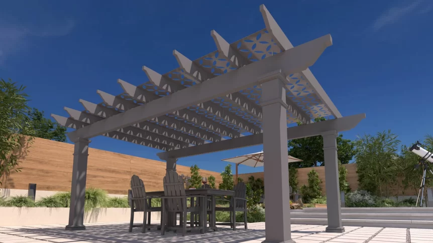 Low angle shot of Trex Shade panels shading an outdoor dining area.