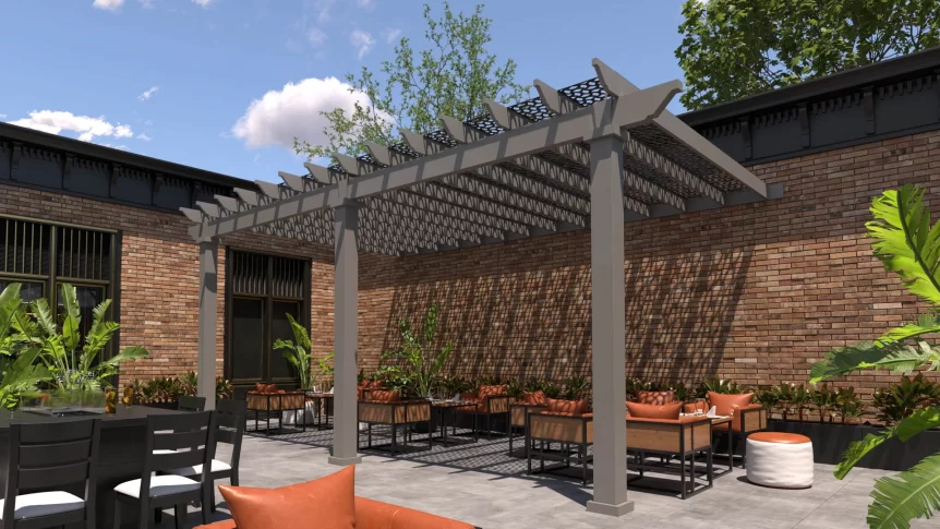 Trex Shade providing extra shade to a restaurants outdoor dining area.