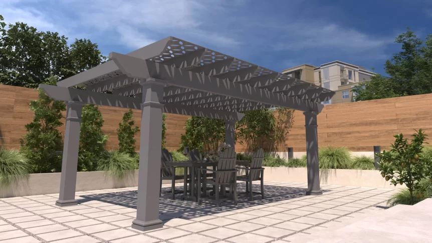 Trex Shade cooling off a residential outdoor dining area with increased shade.