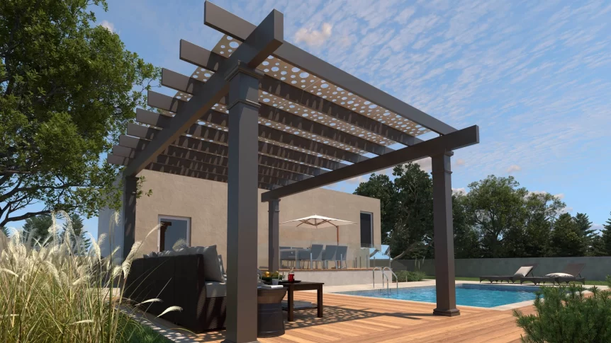 Low angle shot of a swimming pool lounge area shaded by Trex Shade panels.