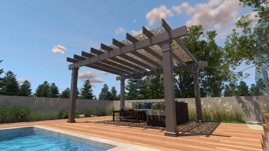 Swimming pool lounge area shaded by Trex Shade panels.