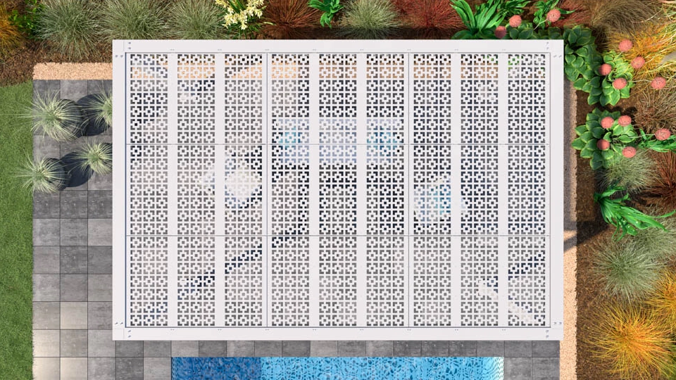 An overhead view of the Trex Shade Town panel shading an outdoor lounge.