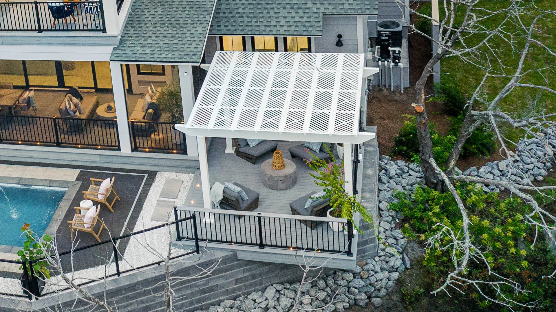 An arial view of a pergola with Artisan-XP panels for the 2024 HGTV Dream Home.